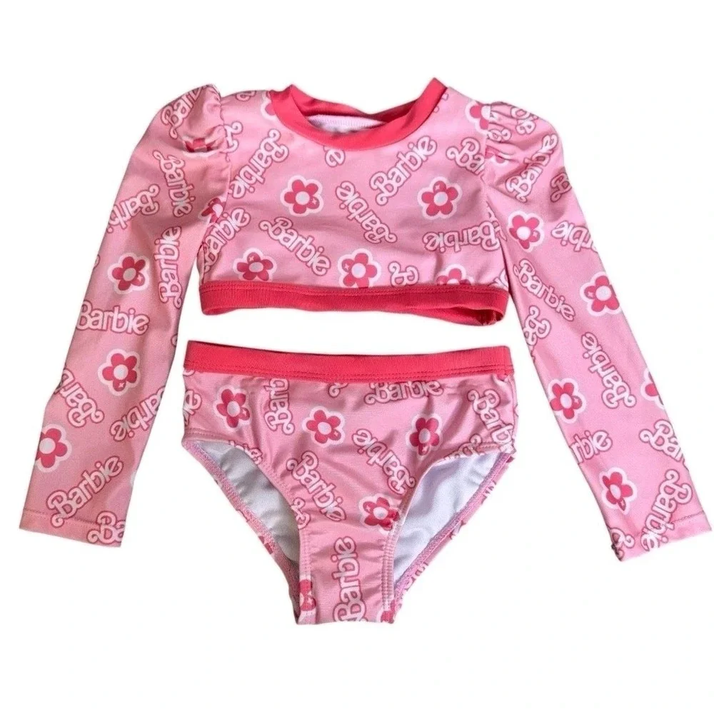Barbie Toddler Girls Pink Long Sleeve Bikini Swimsuit 2-Piece‎ UPF 50+ Size 3T